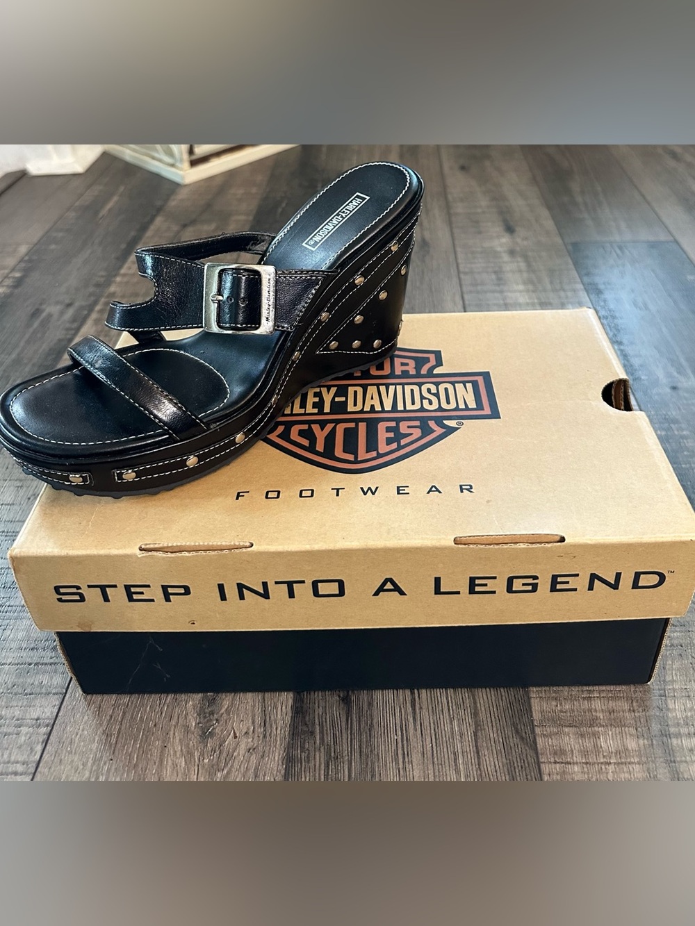 Harley Davidson Black Slip On Studded Logo Platform Wedge Open Back Shoes 8.5